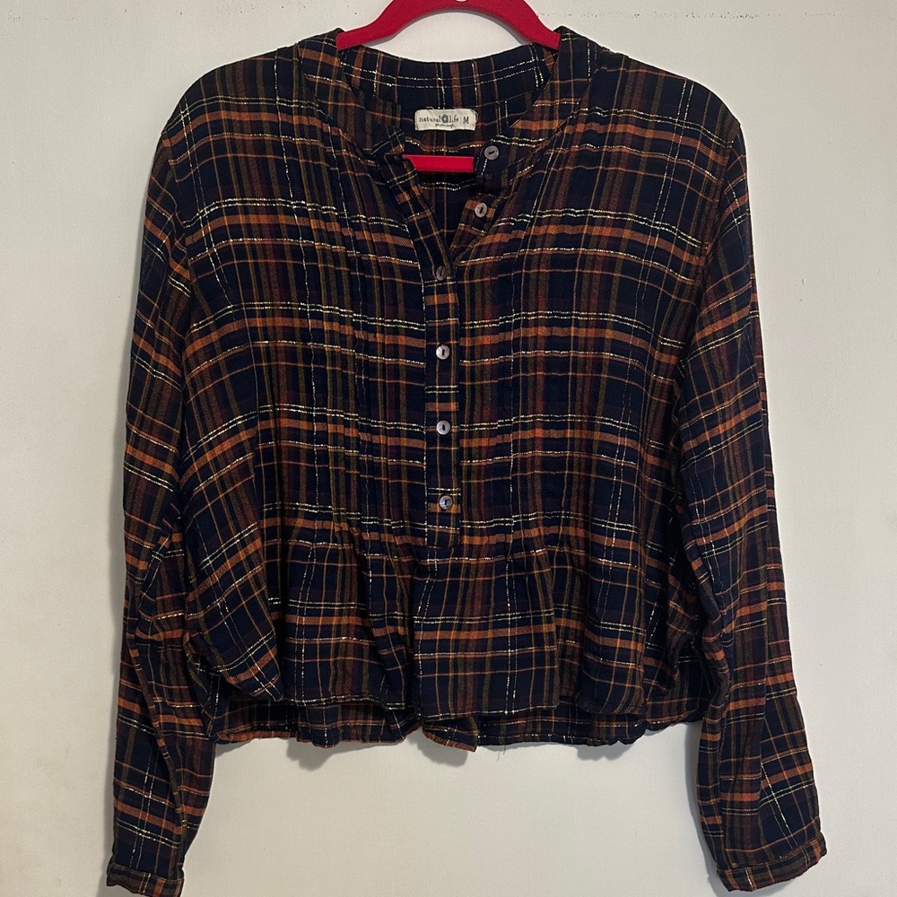 NATURAL LIFE Navy and Orange Plaid Button Down Shirt